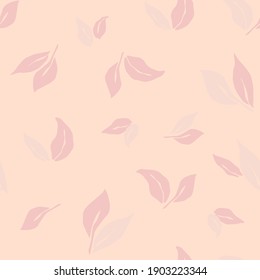 Neutral seamless pattern of pink leaves on pink background. Cute, baby repeating ornament in cartoon style. Modern natural vector for print, textile, design, fabric, interior decor, wallpaper.