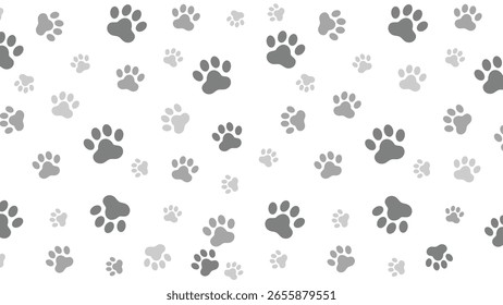 Neutral seamless vector pattern featuring gray animal paw prints on a clean white background. Perfect for pet shop or minimalist themes