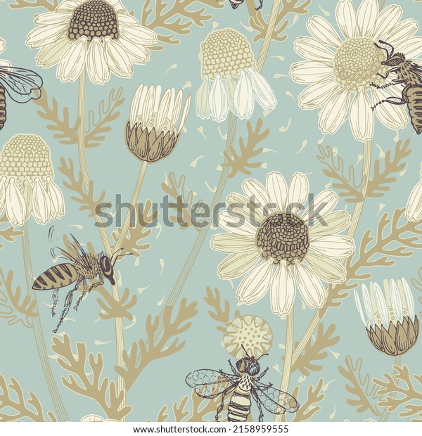 Neutral shades of chamomile and bee seamless pattern print. Hand drawn vector illustration. Perfect for textile, stationery, wallpaper, packaging design, interior decor.