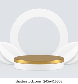 Neutral showroom 3d golden podium pedestal with circle frame wall background realistic vector illustration. Luxury golden cylinder stand elegant shopping sale showcase with decorative leaves