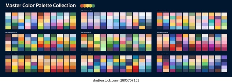 Neutral spring and summer, cool autumn and winter color harmony palette swatches. Modern color palette set features vertical rectangular swatches. Balanced shade reference tool for graphic artist