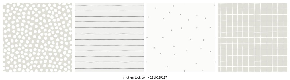 Neutraler Stoffdruck-Set. Weiße und beige Vektorgrafik-Kollektion mit nahtlosen Mustern. Modernes minimalistisches Design mit Streifen, Punkten und Kontrollgitter auf pastellfarbenem Hintergrund für Baby, Kindergarten, Küchendekor.