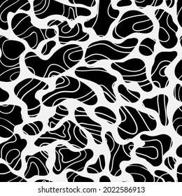 Neutral texture with simple hand-drawn black spots. Vector abstract seamless pattern design. Decorative shapes and silhouettes repeated background for fabric design.