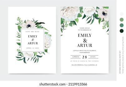 Neutral, vector, invitación de boda floral, guardar el juego de tarjetas de fecha. Flores de rosa blanca primaveral, anémona, ramas delicadas de lilo, hojas de eucalipto verde marco decorativo de ramo, borde. Plantilla editable