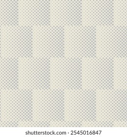 Neutral vector halftone seamless pattern background. Squares with ombre gradient transition backdrop. 3D weave effect. Brick repeat. Texture illusion. Abstract geometric repeat. Beige ecru colors.