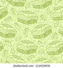 Neutral vector seamless pattern with famous middle eastern dessert Baklava with pistachio nuts. Hand drawn doodle objects on floral ornament with swirls on green background. Print, whapping paper