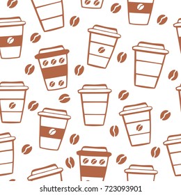 Neutral vector seamless pattern with take away coffee cups and coffee beans. Brown hand drawn doodle elements on white background. Wrapping paper, backdrop and background design.