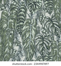 Neutral vector vintage green leaves seamless pattern, modern dark botanica wallpaper