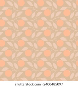 Neutral vintage botanical vector pattern with peaches on branches. Floral seamless design in neutral colors like beige and peach. Retro style pattern with hand drawn peaches.