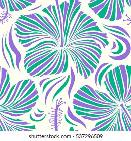 In neutral, violet and green colors. Vector hand drawn painting of neutral, violet and green hibiscus flowers.
