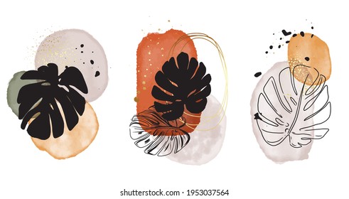 Neutral watercolor shapes, natural colors painting, abstract circles, paint textures. Gold surface, acrylic paint, alcohol ink decoration  Vector 