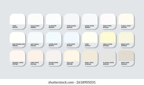 Neutral White Color Guide Palette with color Names. Catalog Samples of Neutral White with RGB HEX codes and Names. Chalk powder Color Palette, Fashion Trend Pantone Neutral paint white Color Palette