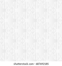 Neutral white geometric texture. Abstract oriental background with 3d carving effect. Vector seamless repeating pattern.