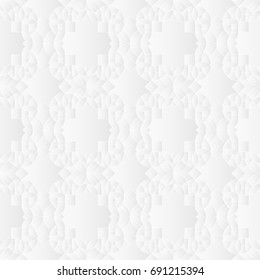 Neutral white geometric texture. Abstract oriental background with 3d carving effect. Vector seamless repeating pattern.