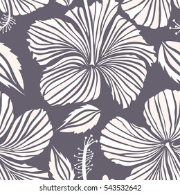 Neutral and white hibiscus flowers seamless pattern. Vector illustration.