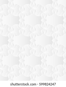 Neutral white texture. Abstract geometric background with 3d relief effect. Vector seamless repeating pattern of stylized floral elements.