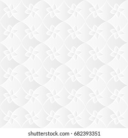Neutral white texture. Stylized floral trellis background with 3d carving effect. Vector seamless repeating pattern.