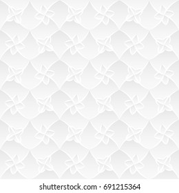 Neutral white texture. Stylized floral trellis background with 3d carving effect. Vector seamless repeating pattern.