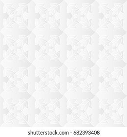 Neutral white textured background with 3d effect. Vector seamless repeating pattern of stylized leaves. 