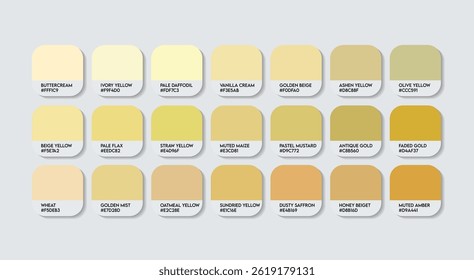 Neutral Yellow Color Guide Palette with color Names. Catalog Samples of Neutral Yellow with RGB HEX codes and Names. Yellow Color Palette, Fashion Trend Pantone Neutral paint Yellow Color Palette