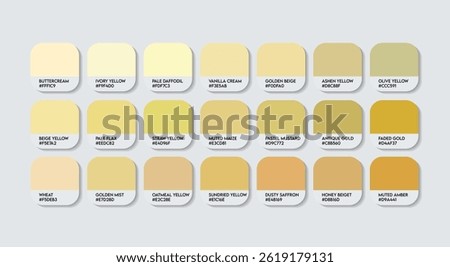 Neutral Yellow Color Guide Palette with color Names. Catalog Samples of Neutral Yellow with RGB HEX codes and Names. Yellow Color Palette, Fashion Trend Pantone Neutral paint Yellow Color Palette