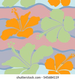 Neutral and yellow vector. Vector illustration. Tropical with many neutral and yellow hibiscus flowers.