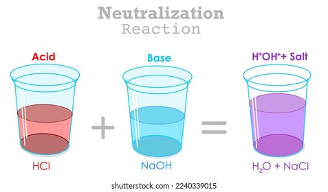 Neutralization reaction. Acid, base, alkali, salt water. Formation of sodium chloride. Solution, sea water example. Solute, solvent molecules. Purple homogeneous mixtures. Chemical explanation. Vector