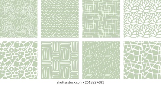 Conjunto de patrón sin fisuras abstracto de color neutro. Impresión de Formas básicas lineales gráficas sin fin. Los colores neutros de moda forman el telón de fondo estético. Moderna textura de tela marrón claro verde pastel estilo boho