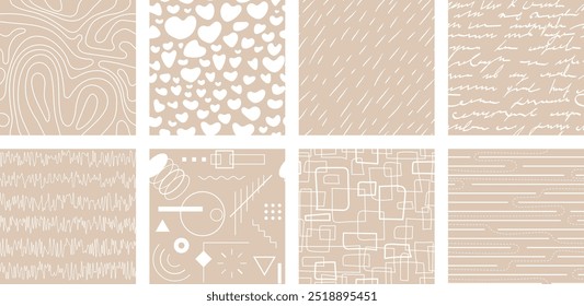 Conjunto de patrón sin fisuras abstracto de color neutro. Impresión de Formas básicas lineales gráficas infinitas beige. Fondo de figuras contemporáneas estéticas de colores neutros de moda. Textura de estilo boho marrón claro pastel. Eps
