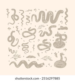 Diseño de tonos neutros con varias serpientes. Vector dibujado a mano ilustración plana
