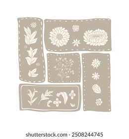 Neutral-toned patchwork design featuring various floral and botanical elements arranged in rectangular segments isolated on white background. Vector hand drawn flat illustration