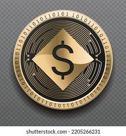 Neutrino USD (USDN) cryptocurrency golden coin isolated in transparent background. Virtual currency token symbol vector illustration based on cryptography and block chain technology.