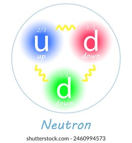 Neutron with one up quark, two down quarks, their charges and the forces between them on white background. Nuclear physics. Vector illustration.