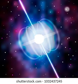 Neutron star makes radiation ray waves in the deep universe. Blitzar. Pulsar. Vector illustration