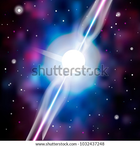 Neutron star makes radiation ray waves in the deep universe. Blitzar. Pulsar. Vector illustration