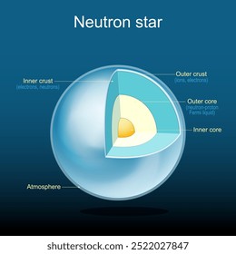 Estructura de estrella de neutrones. Atmósfera, corteza y núcleo. Materia degenerada por neutrones y composición de la corteza. Ilustración plana isométrica. Afiche del Vector. 