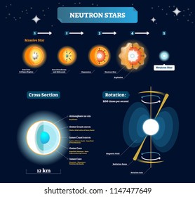 Neutron stars vector illustration. Educational labeled scheme with massive star stages to explosion. Cross section closeup with cosmic and space structure and titles. Planet rotation explanation.