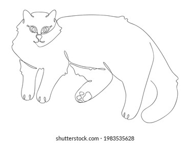 Neva Masquerade cat in trendy line art style isolated on white background. Adorable siberian adult cat with cute paws laying down. Beautiful print for your design. Vector illustration.