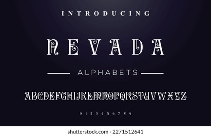 NEVADA Abstract Fashion font alphabet. Minimal modern urban fonts for logo, brand etc. Typography typeface uppercase lowercase and number. vector illustration