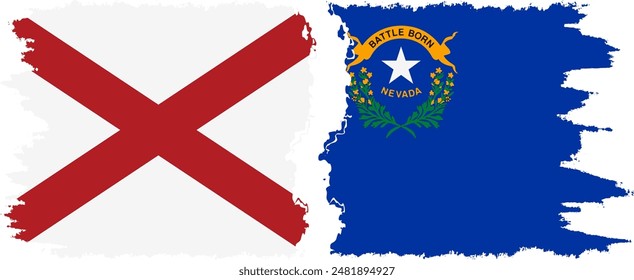 Nevada and Alabama states grunge brush flags connection, vector