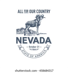 Nevada All for Our Country, stylized emblem of the state of America, ram, blue color