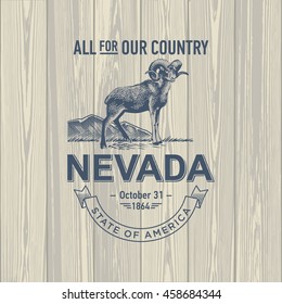 Nevada All for Our Country, stylized emblem of the state of America, ram, on wooden background