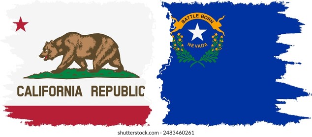 Nevada and California states grunge brush flags connection, vector