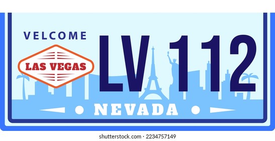 Nevada car license plate, american state vehicle registration number vector illustration. Usa automobile colorful symbol, old plates design.