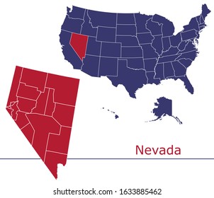 Nevada counties vector map with USA map colors national flag