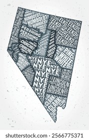 Nevada counties word clouds. State shape on textured background. Nevada design in typographic style. Stylish vector illustration.