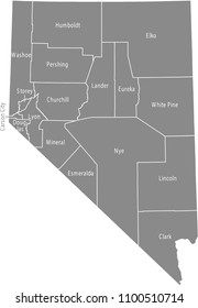 Nevada county map vector outline gray background. Map of Nevada state of USA with borders and counties names labeled