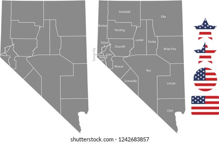 Nevada county map vector outline in gray background. Nevada state of USA map with counties names labeled and United States flag icon vector illustration designs