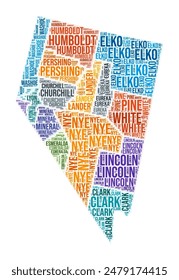 Nevada county word cloud. State shape design. Nevada colored illustration. County names collage cloud. Vector illustration.