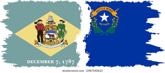 Nevada and Delaware states grunge brush flags connection, vector